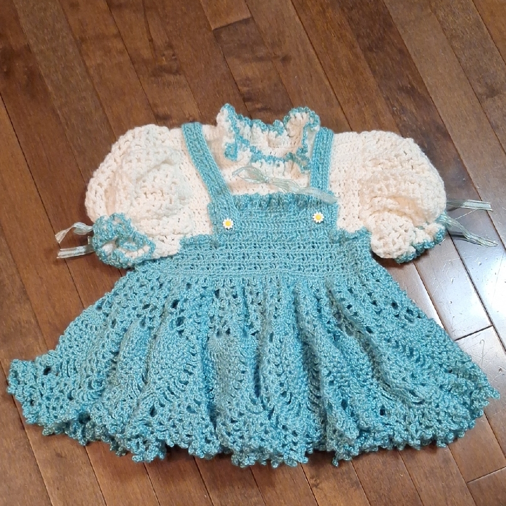 VTG Handmade Crochet Sundress with Cowl Lettuce Ruffle Neck Size 9-12 Months
